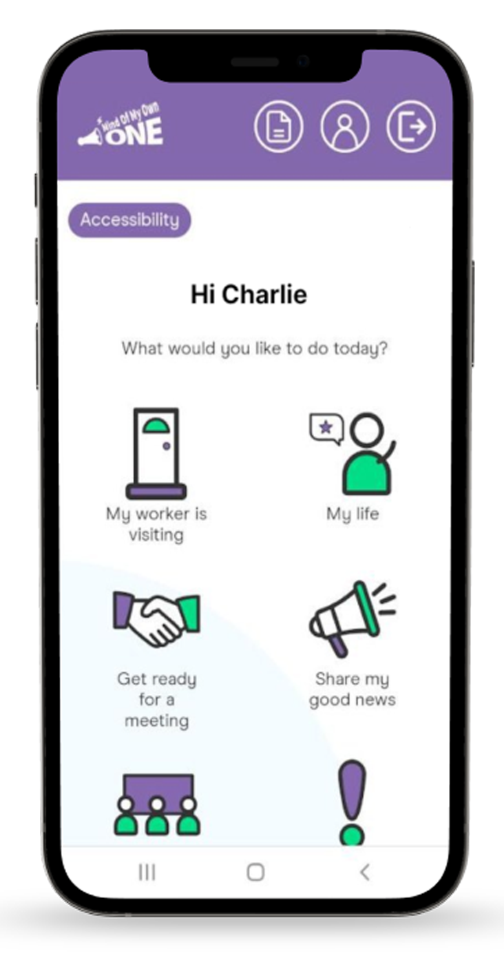A graphic of the Mind Of My Own One app on a mobile phone.
