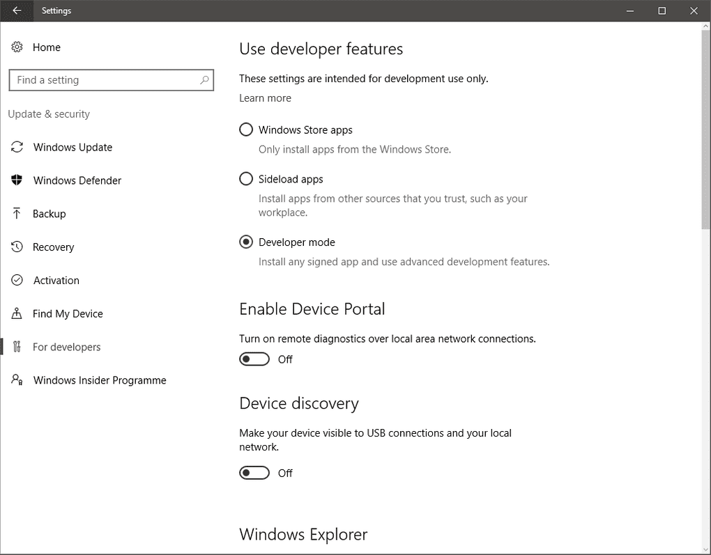 settings > update & security > for developers
